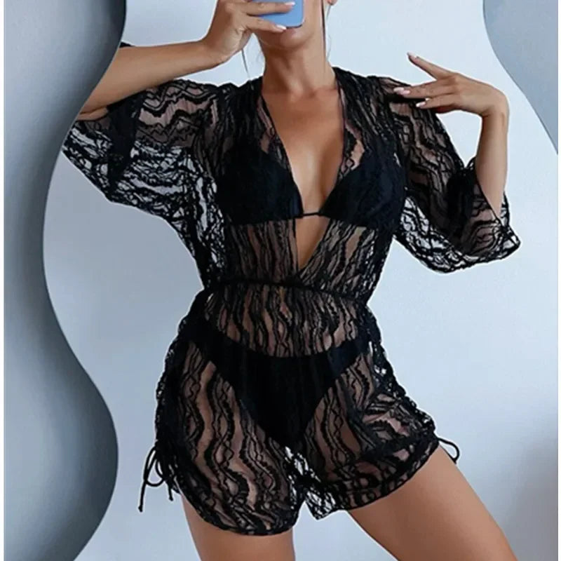 3 Pack Plain V-neck Bikini Set Hollow Out Tunic Loose Cover Up for Woman 2023 Lace Up Halter Triangle Bikini Swimsuit Beachwear