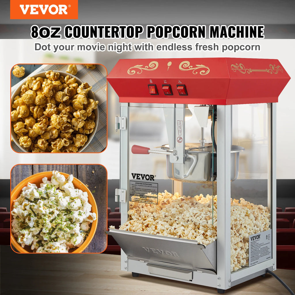 SucceBuy 8 Oz Popcorn Maker Popcorn Popper Machine Kettle Makes 48 Cups per Batch Countertop Popcorn Maker with Tempered Glass