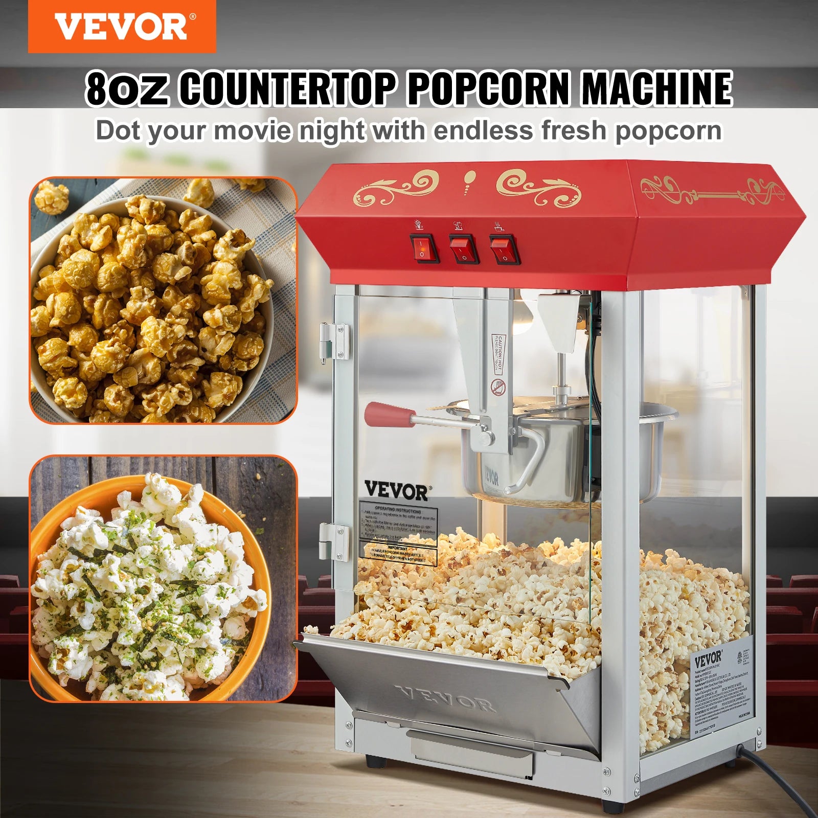 SucceBuy 8 Oz Popcorn Maker Popcorn Popper Machine Kettle Makes 48 Cups per Batch Countertop Popcorn Maker with Tempered Glass