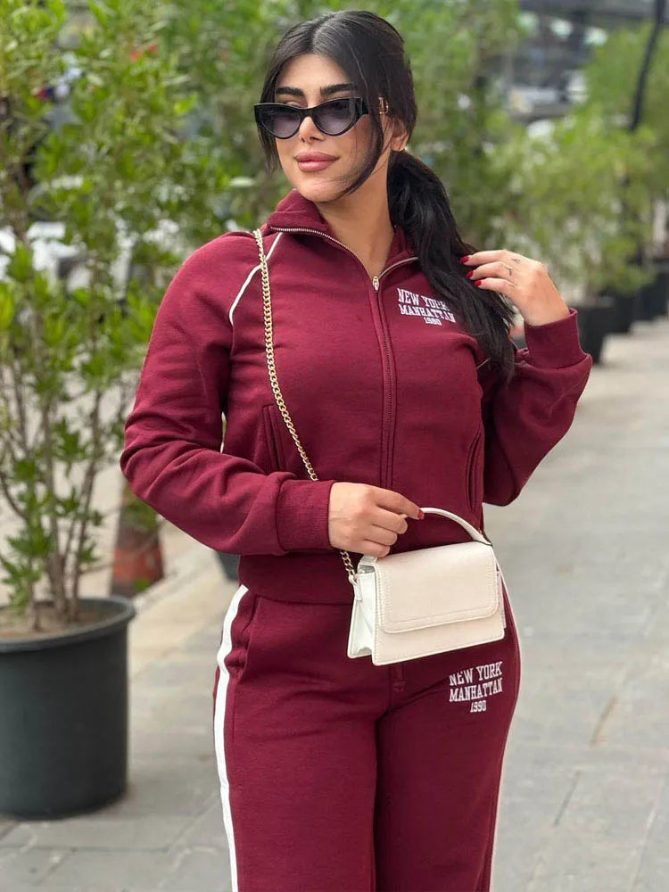 HH Women's Pant 2-Piece Set Female Fashion Versatile Printed Velvet Zip Jacket+Commuting Elastic Waist Belted Casual Pants