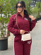 HH Women's Pant 2-Piece Set Female Fashion Versatile Printed Velvet Zip Jacket+Commuting Elastic Waist Belted Casual Pants
