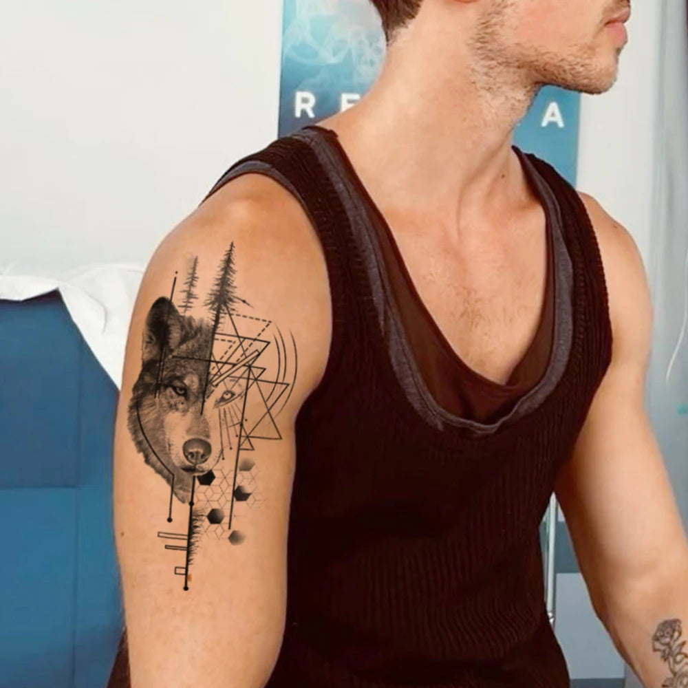 Waterproof Temporary Tattoo Sticker Forest Wolf Geometric Fierce Realistic Animal Body Art Arm Fake Tattoos Sleeve Women Men