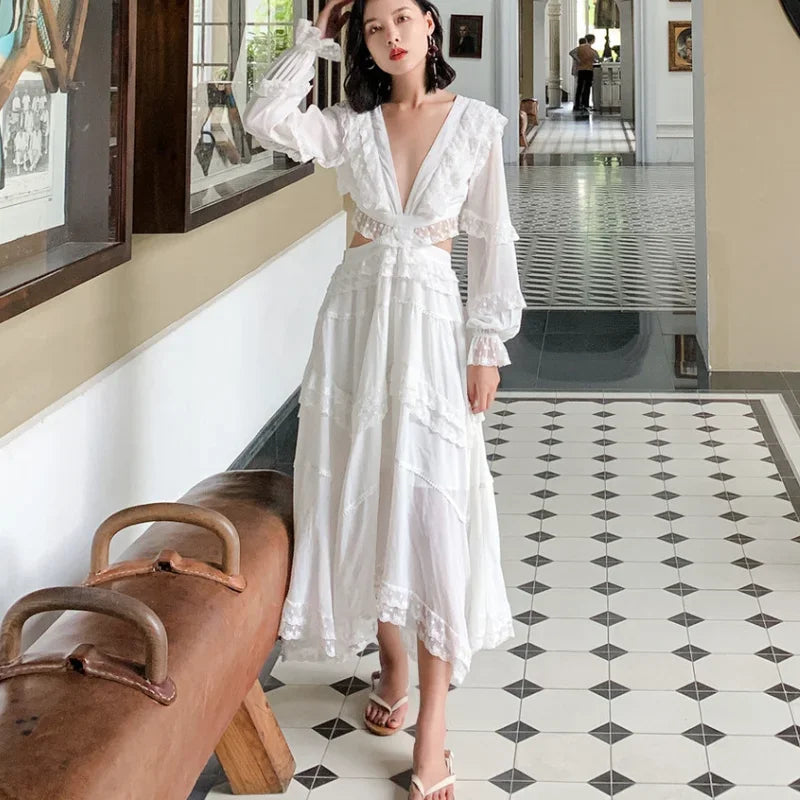 Super Chic White Sexy hollow out dress women backless lace up embroidery party dress dress summer beach holiday dresses