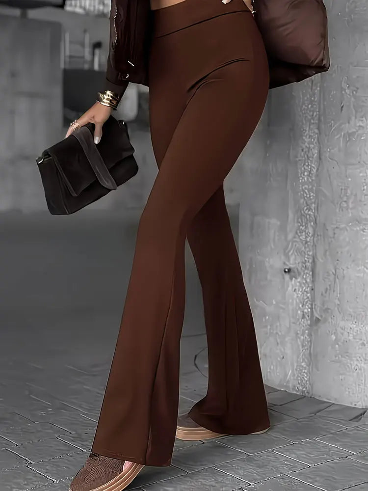 Elegant Wide Leg Flared Pants Solid Color Stretch Casual Trousers Suitable For Party Daily Wear All Seasons Women's Clothing
