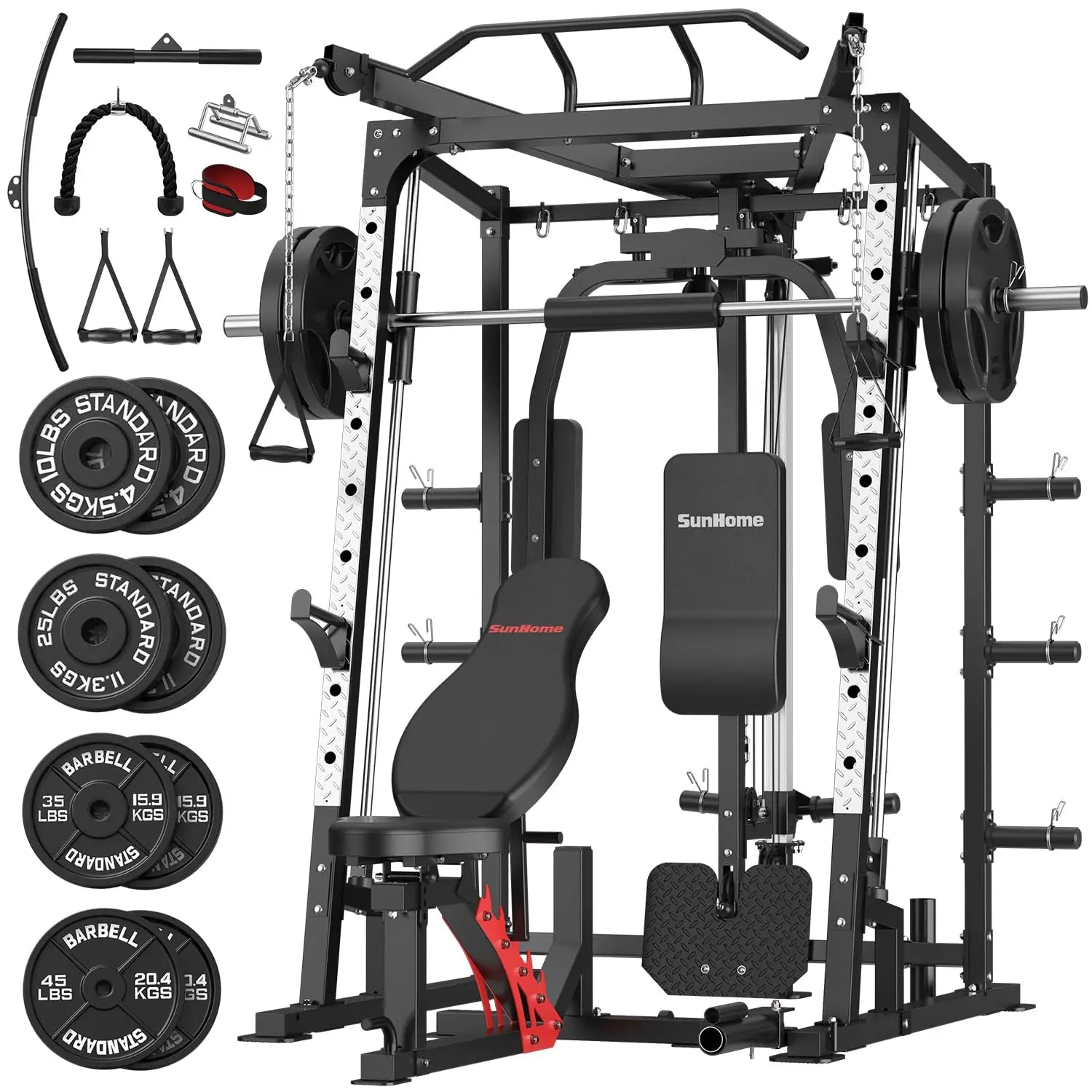 Smith Machine, Power Cage Squat Rack with Smith Bar, LAT Pull-Down Systems, Cable Crossover Machine and Cable, Customized