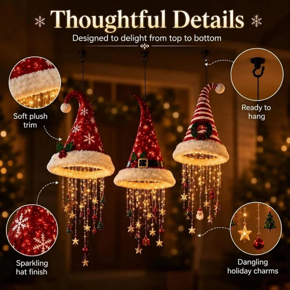 Christmas Lighted Santa Hat with Snowflakes Christmas Tree Pendant Hanging Lantern Xmas Decoration for Home New Year Party Gifts