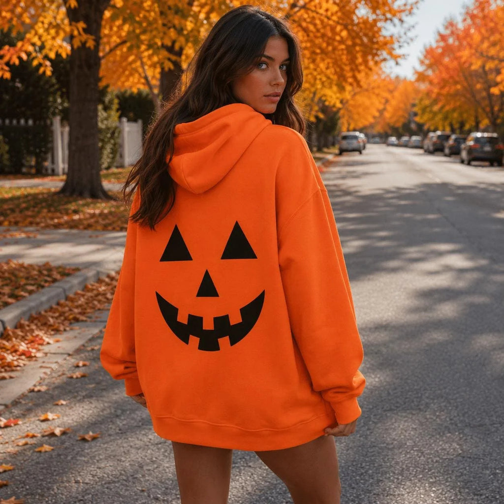 Halloween Hoodie Pumpkin Jack O Lantern Back Print Orange Black Spooky Pullover Unisex Fall Casual Hooded Sweatshirt