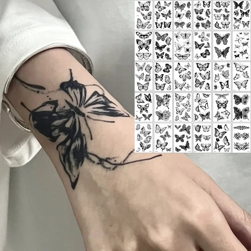 Black Butterfly Temporary Tattoo Sticker 30PCS/set 3D Butterfly Fake Tattoo Transfer Waterproof Tattoo Legs Arm Body for Women