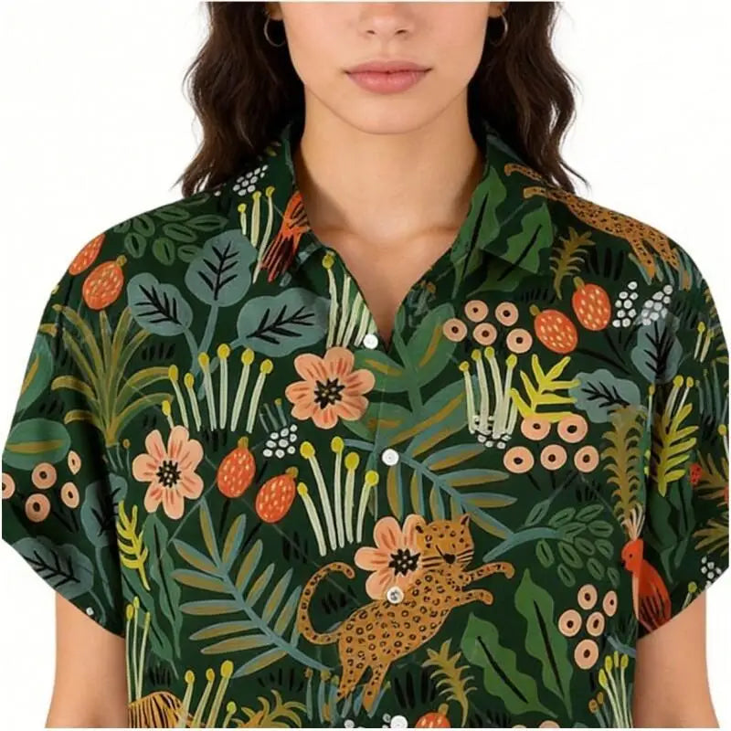 Men Tropical Jungle Animal Print Hawaiian Shirt Short Sleeve Button Down Casual Loose Fit Beach Shirt For Summer Vacation Holida