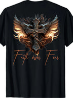 Men's Faith Over Fear T-Shirt with Fiery Eagle Wings & Ornate Cross Design - Black Cotton Short Sleeve Round Neck Casual Shirt Suitable for Casual Attire, Church Events, Gym, and Year-Round