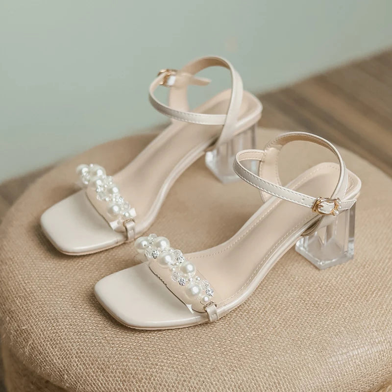 Summer Fahsion Sandals Women 2026 New Pearl High Heels Slippers Girls Crystal Heel Summer Shoes Trendy Slides Transparent Sandal