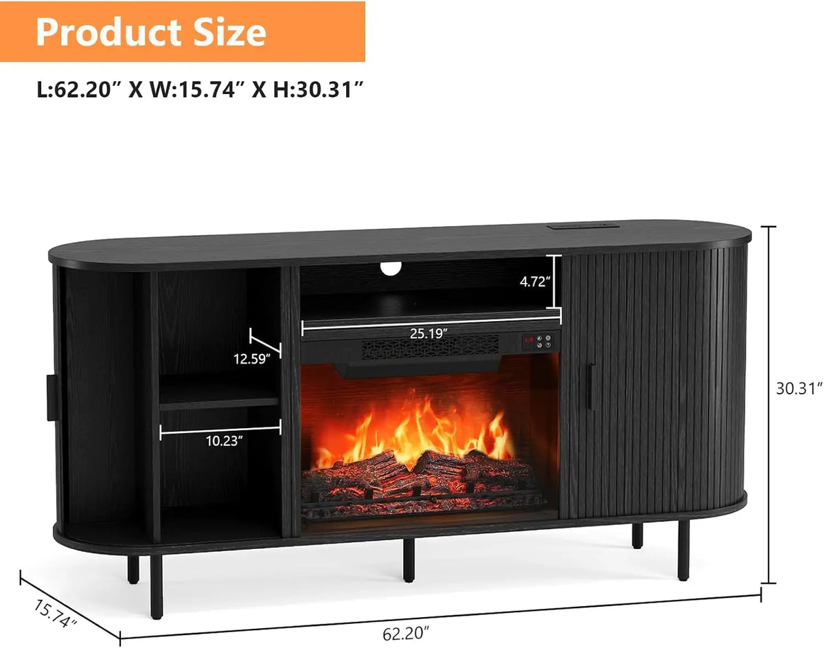 ONBRILL 63" Fluted Electric Fireplace TV Stand w/23" LED Flame Heater for Living Room, Media Console Storage Cabinet