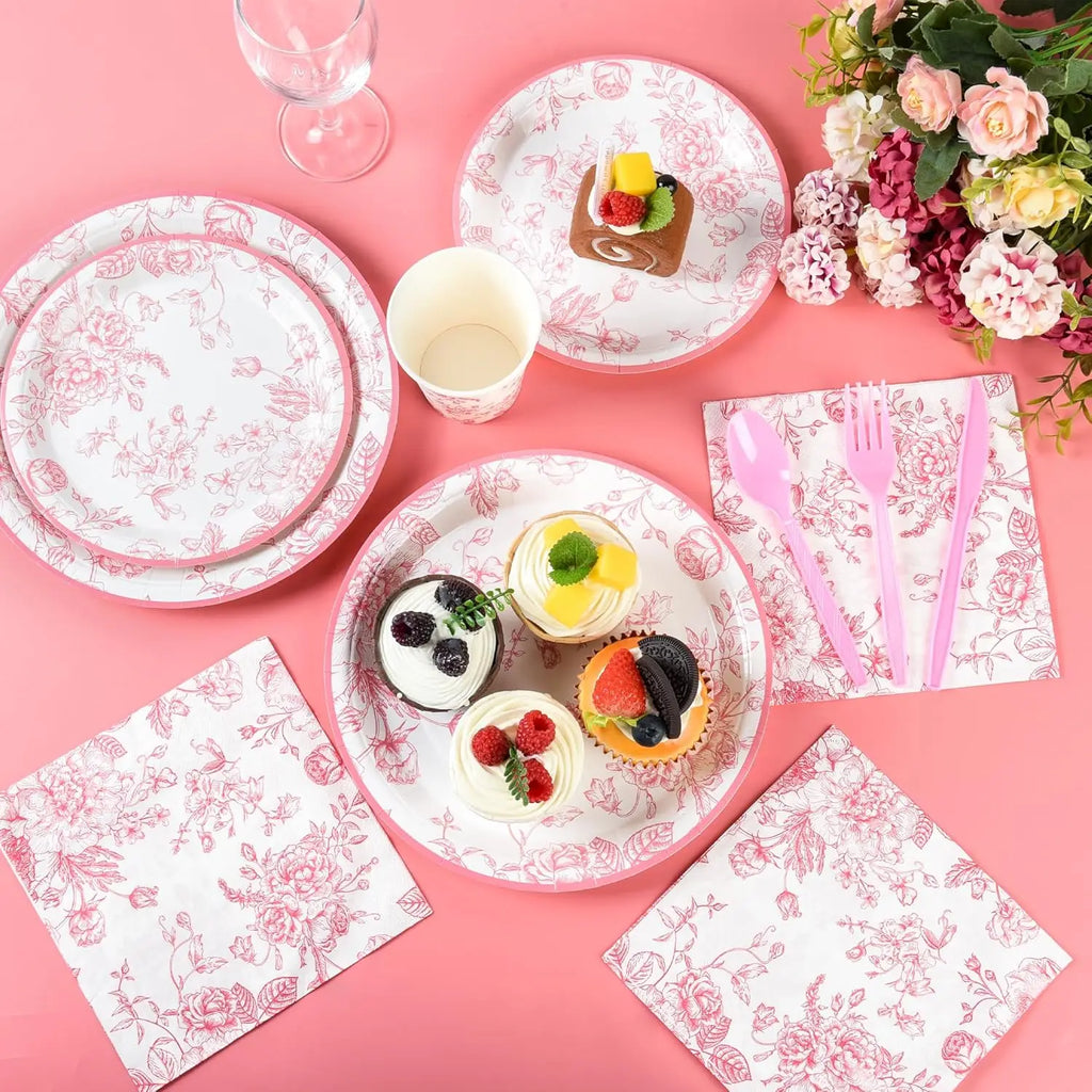 175Pcs Pink Floral Paper Plates and Napkins 25 Guests Pink White Toile Chinoiserie Party Supplies Set Include Plates Napkins