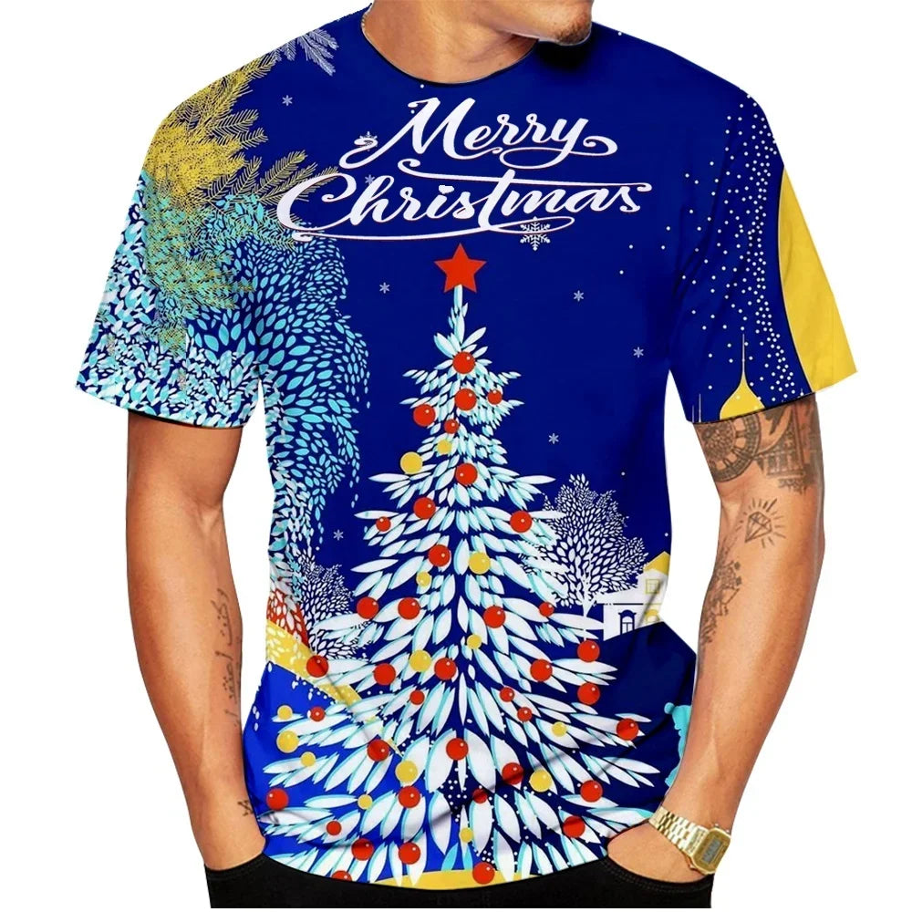 2026 Fashion Men's Merry Christmas T-Shirt Blue Xmas Tree Snowflake Graphic Crew Neck Short Sleeve Holiday Party Casual Tee Tops