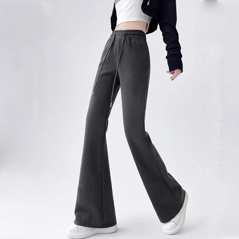 Micro Flared Pants Casual Dark Gray Sports High Waisted Drawstring Elastic Long Pants Solid Simple For Women Clothes Fashion New