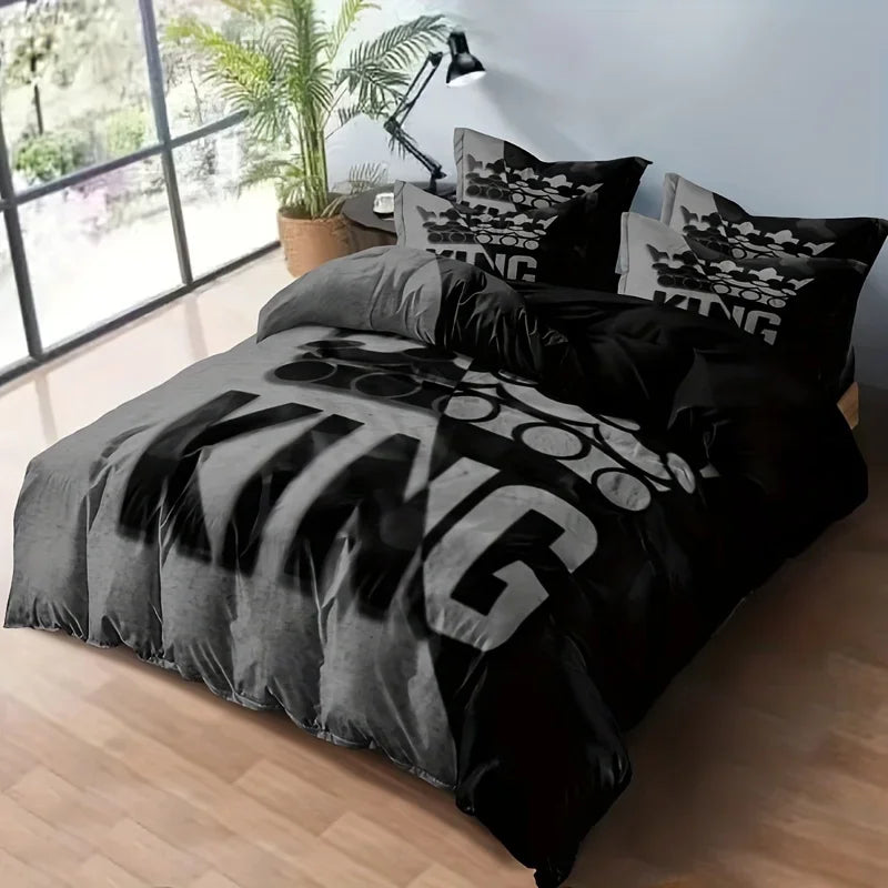 3pcs Grey and Black King Size Bed Pattern Down Duvet Cover Set Soft and Comfortable Bedroom and Dormitory Decoration Bedding Set