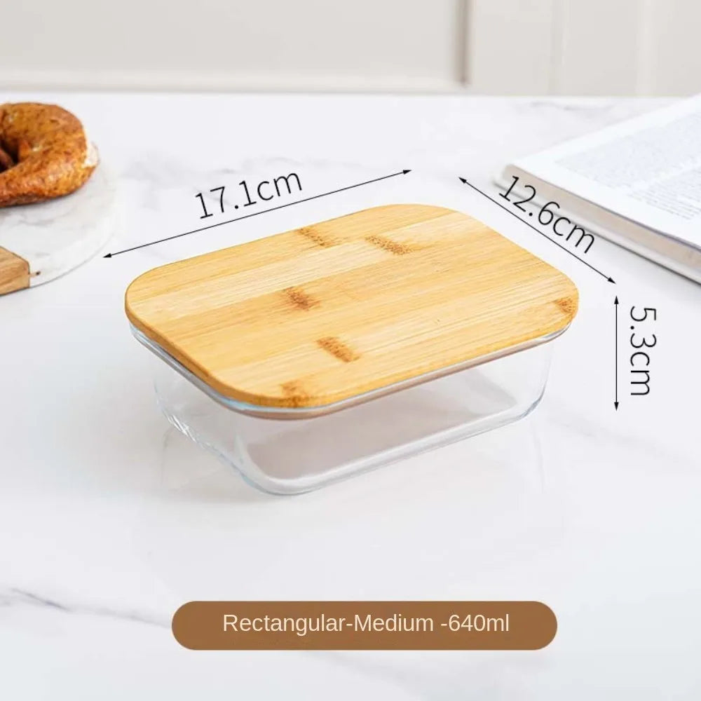 Glass Fresh-Keeping Box Heat-Resistant Bamboo Lid Microwave Oven Lunch Box Leakproof High Borosilicate Office Worker Bento Box