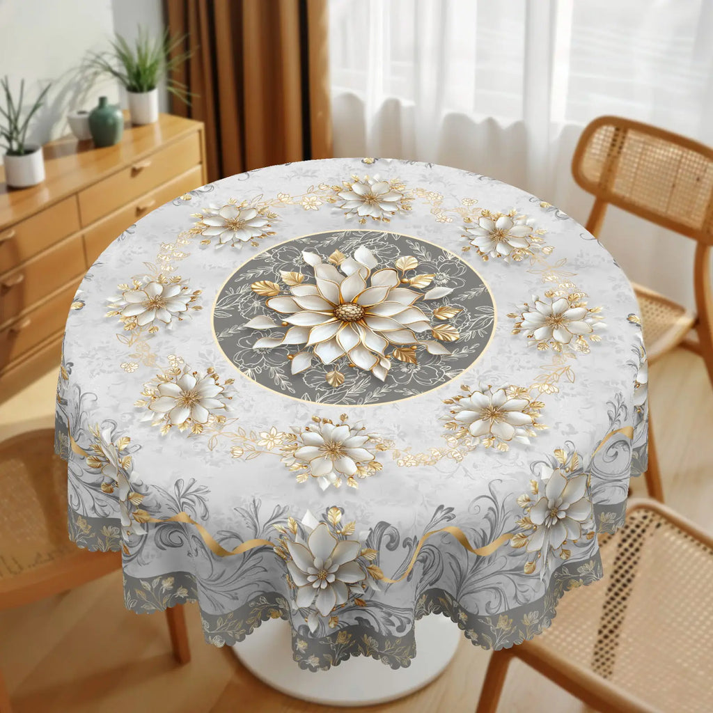 Elegant Floral-Themed Printed Tablecloth, High-Quality White and Gold Pattern, Embossed Edges, Durable, Waterproof, Oil-Proof, Stain-Resistant, Wrinkle-Resistant, Non-Fading, Machine Washable, Reusable, Perfect Gift for Famil