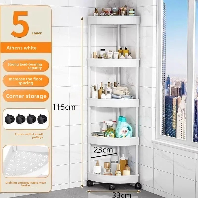 5-Tier Corner Rolling Cart Movable Bathroom Organizer Plastic Storage Rack Draining Trolley Shelf for Kitchen Bedroom Toilet