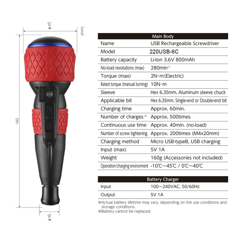 VESSEL Multifunction Cordless 3.6V Lithium Hoist Handle Screwdriver Set 220USB-6C 220USB-1C 220USB-S1 220USB-P1