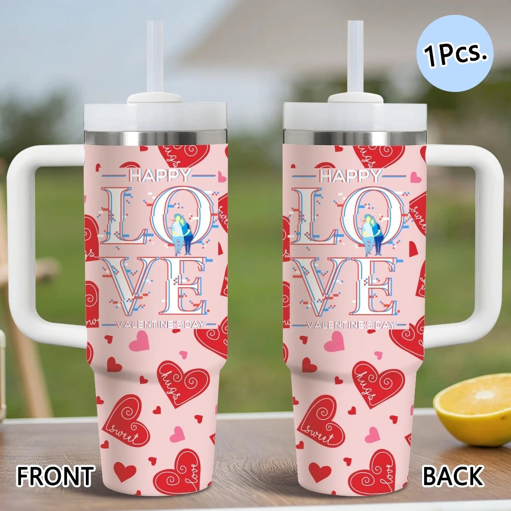 Happy Love Valentine's Day Vacuum Flasks 40oz Stainless Steel Vacuum Insulated Tumbler with Straw Leak Resistant Travel Mug