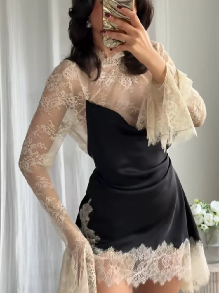 Contrast Lace Patchwork Mini Dress Women Elegant Full Flared Sleeve Waist Cinching Slim Mini Dresses 2025 Lady Street Chic Gown