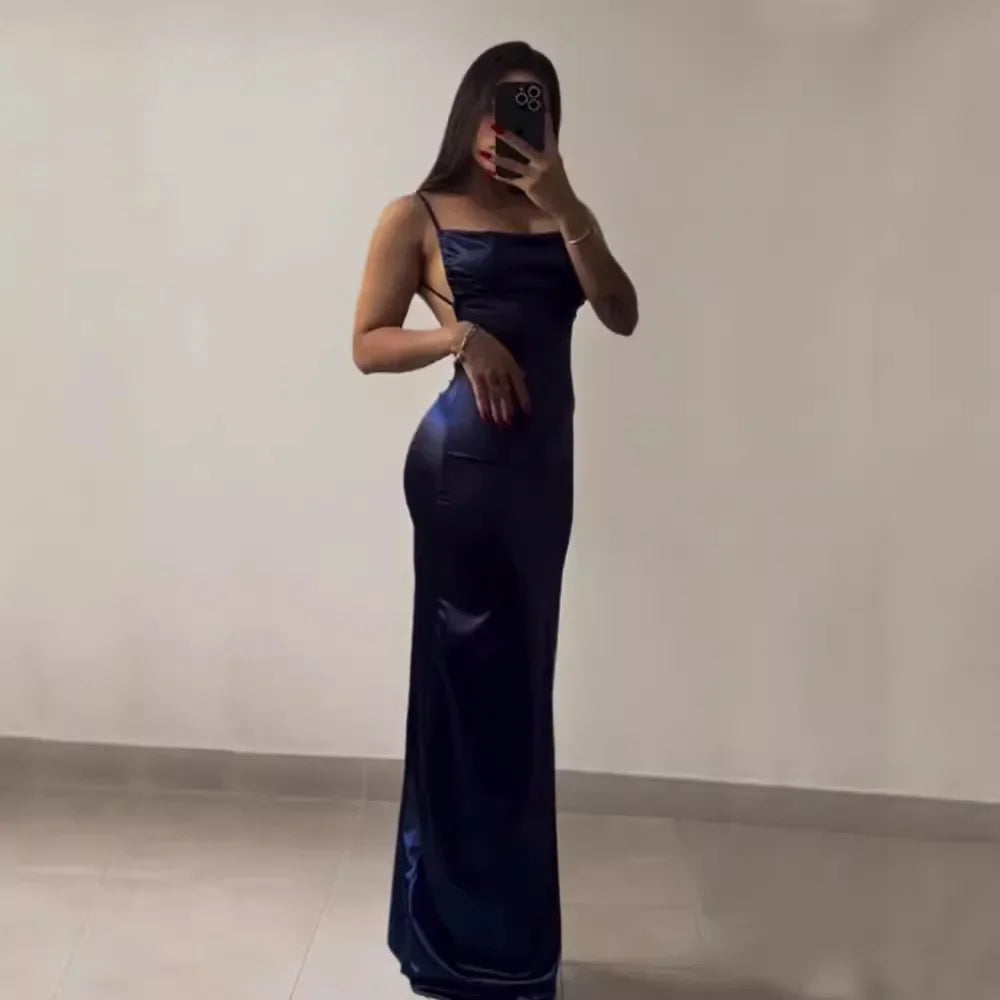 Korean Y2K Summer Sleeveless Lace-up Wrap Hip Pleated Dress Women Sexy Club Vintage Backless Bodycon Ruffles Slip Long Dresses