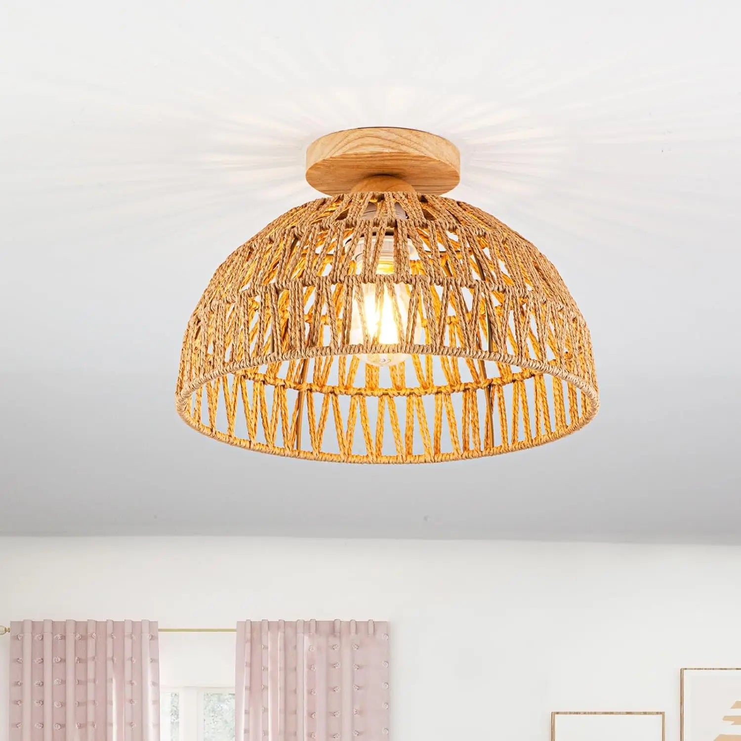 23/30cm Rattan Ceiling Light Fixtures Boho Chandeliers Lights Cream White/Beige/Black semi Flush Mount Ceiling Lamps for hallway