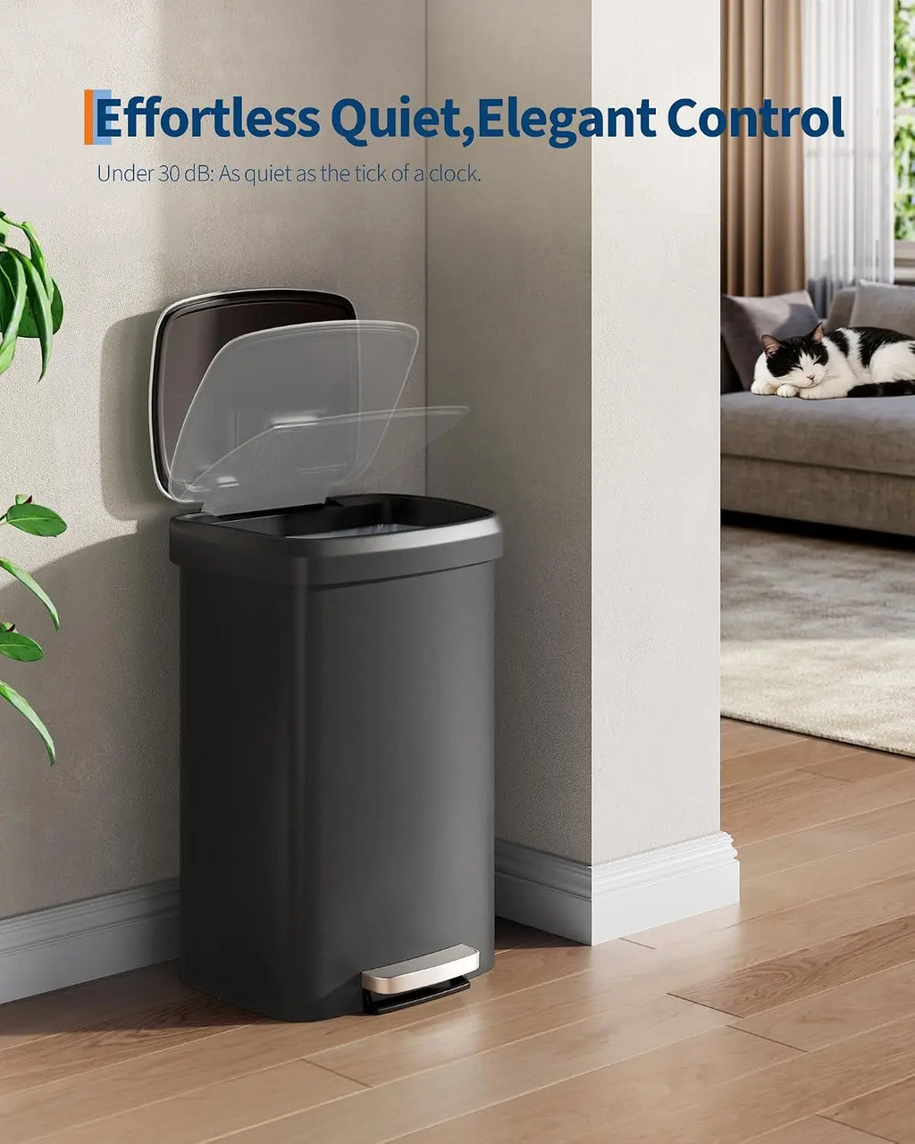 13 Gal / 50L Plastic Step Trash Can – Soft Close Lid, Liner Rim, Rear Handle, Large Kitchen Garbage Bin, Black
