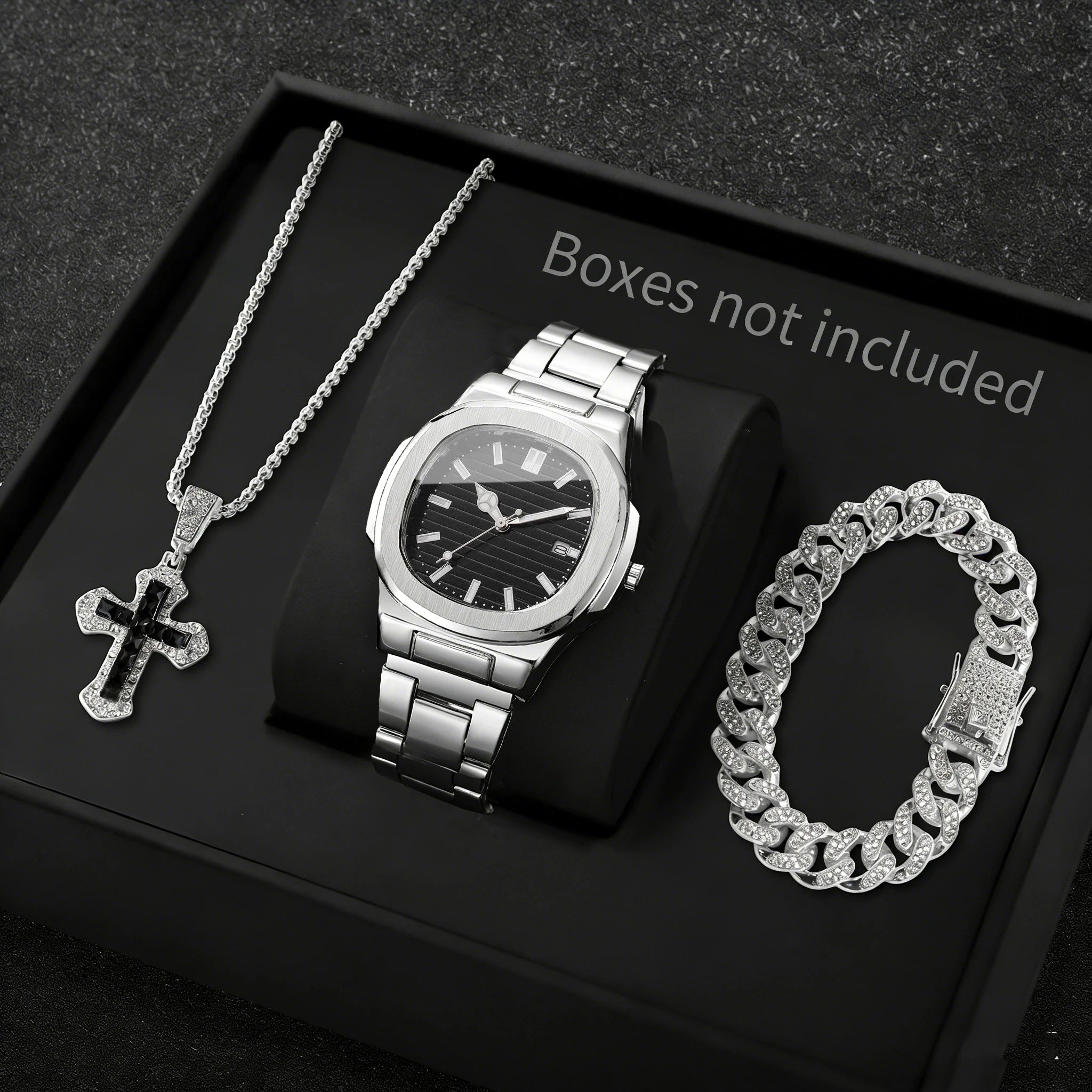 3PCS Fashion Men Business Watches Bracelet Necklace Set Square Dial Stainless Steel Band Quartz Watch with Calendar（Without Box）