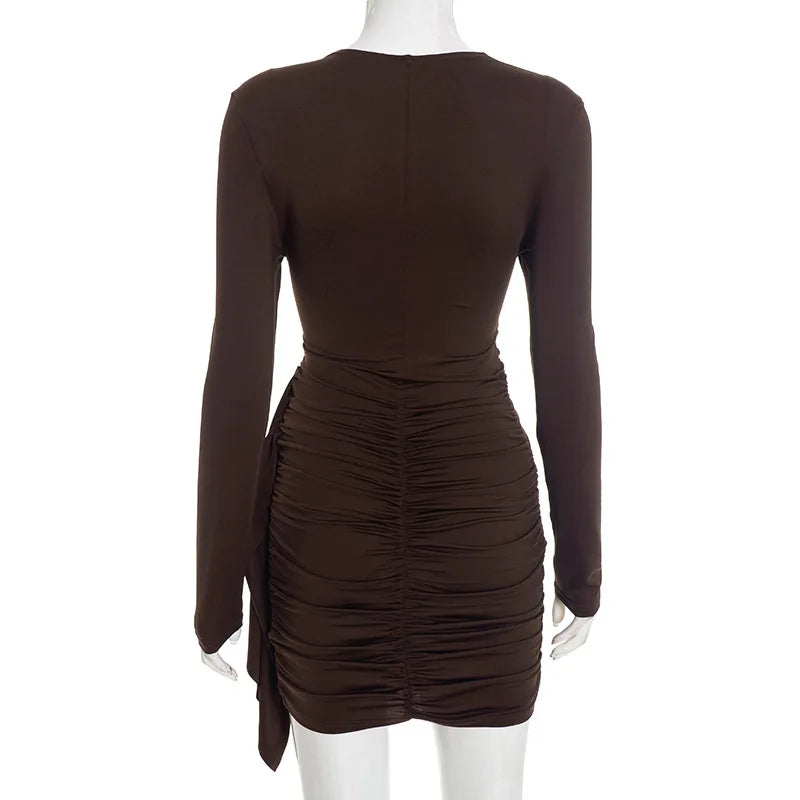 Elegant Y2K Women's Long Sleeve Short Mini Dress Bodycon Ruched O Neck Outfits for Party Club Autumn Winter Sexy Dresses Gift