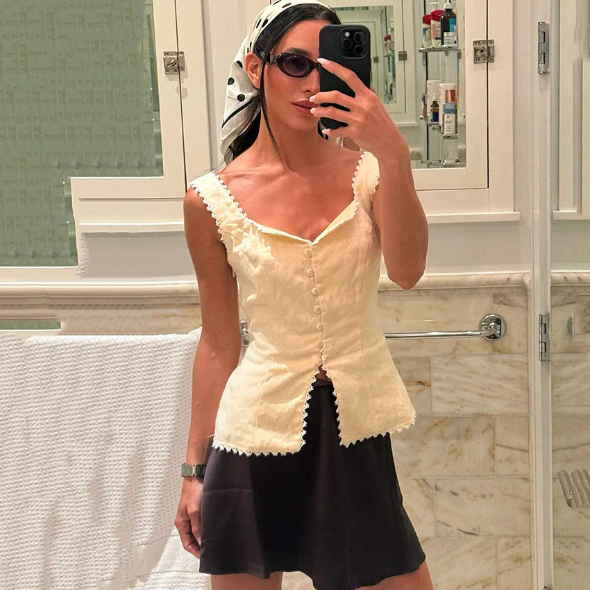 Linad Vintage Khaki Lace Spaghetti Strap Vest 2026 Elegant Square Collar Single Breasted Camis Street Chic Sleeveless Top Female