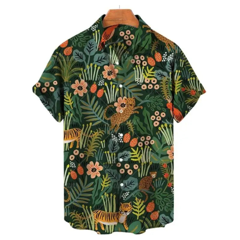 Men Tropical Jungle Animal Print Hawaiian Shirt Short Sleeve Button Down Casual Loose Fit Beach Shirt For Summer Vacation Holida