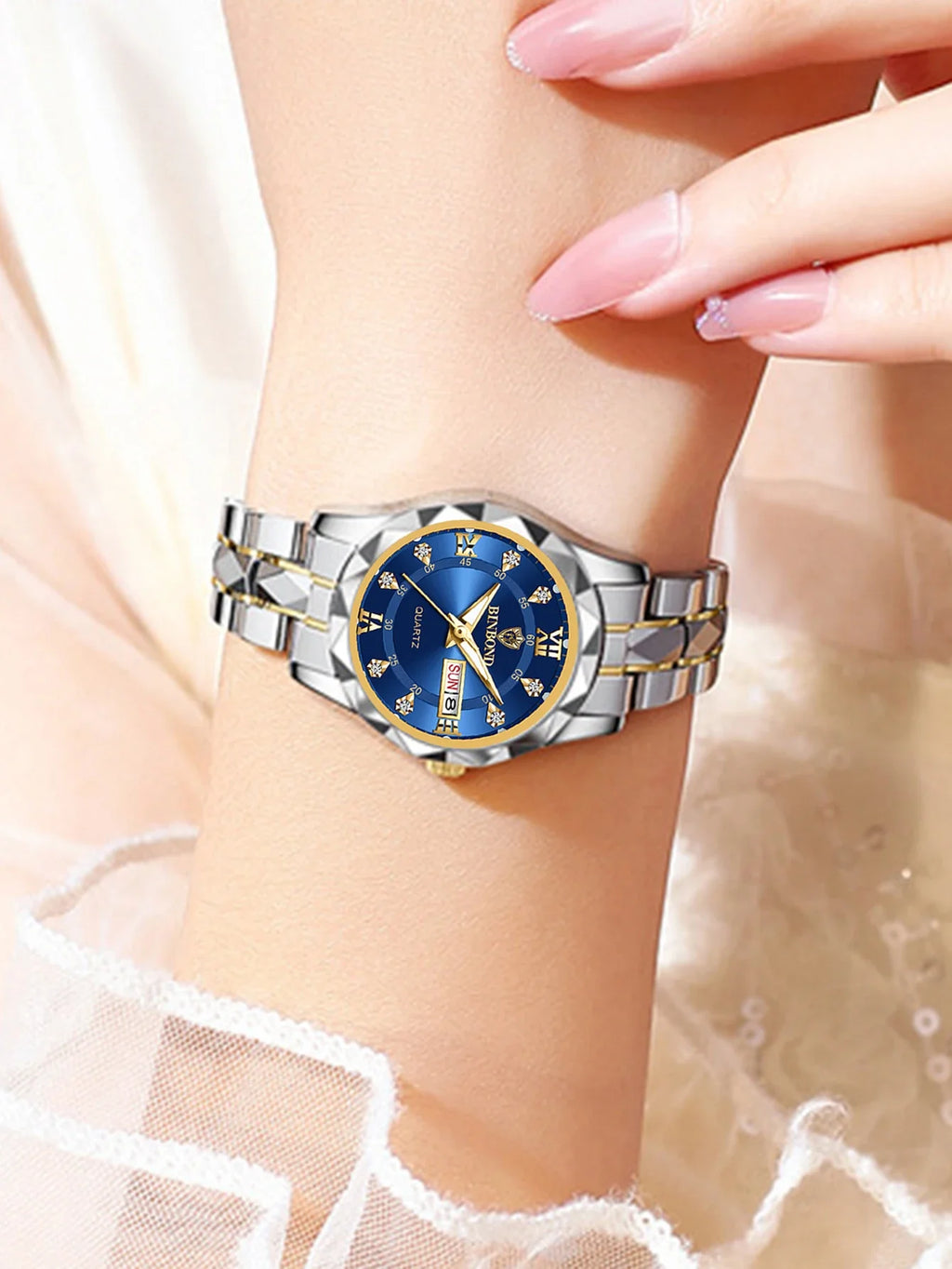 BINBOND 2pcs/Set Couple Watches Fashion Diamond Valentine Day Gift Stainless Steel Watch Men Women 30M Waterproof Quartz Watch