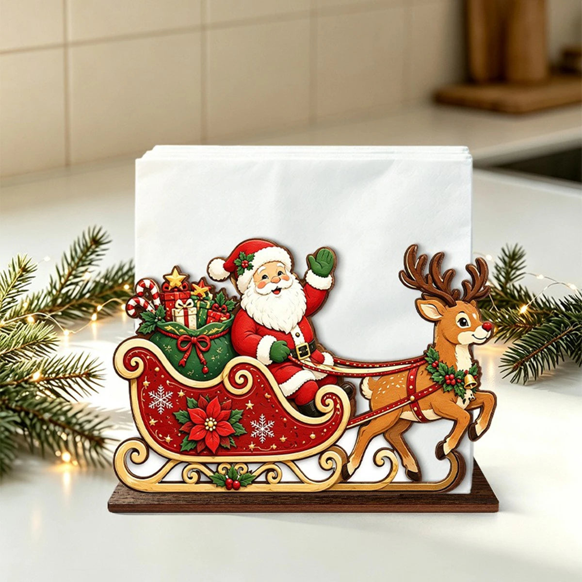 Santa Claus Wooden Napkin Holder Christmas Table Decor Desktop Tissue Storage Rack Xmas Party Dining Room Tabletop Decorations