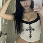 2025 New Women Summer sexy Y2K hot girl slim fit tank top, European and American street style printed lace top for women