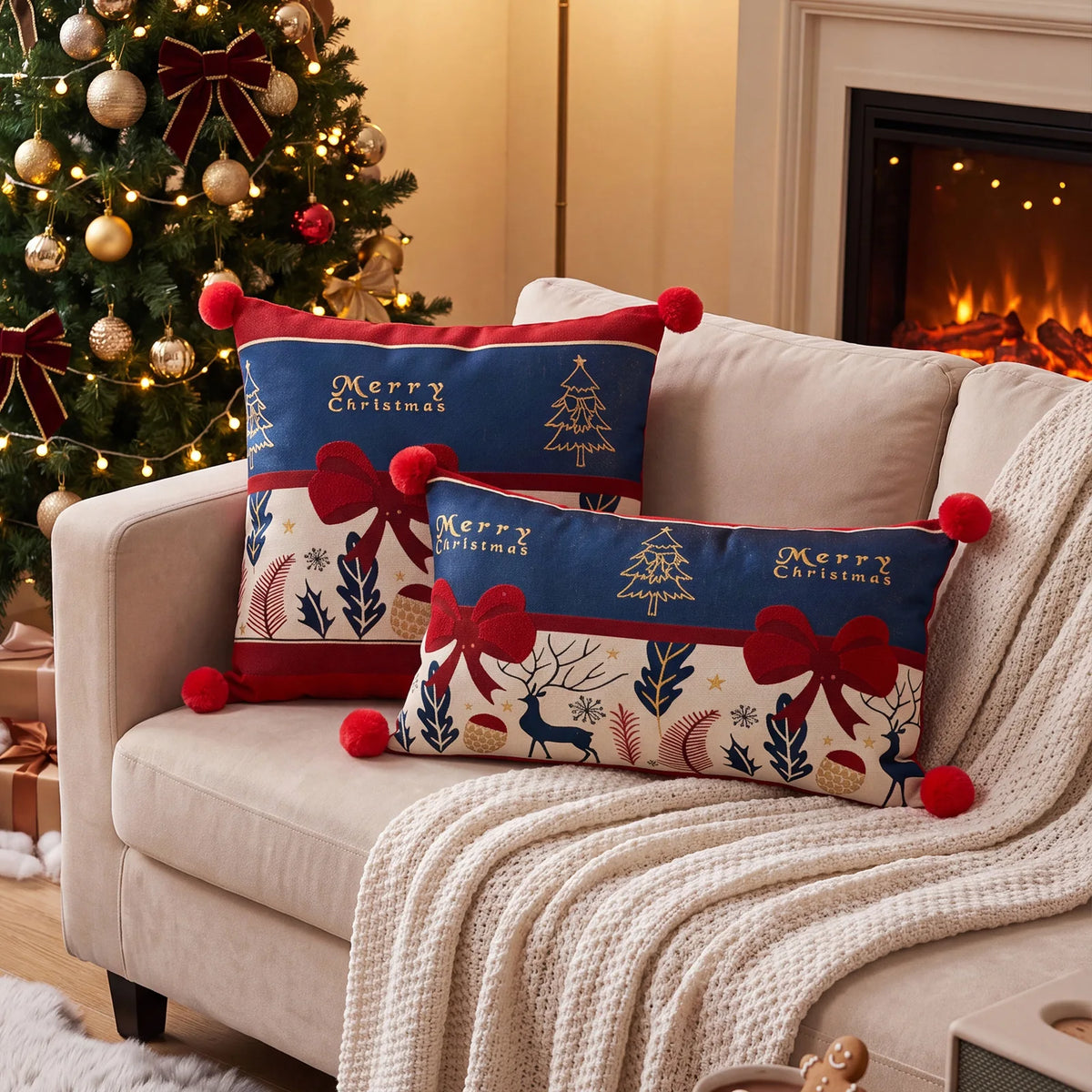 Christmas Red Jacquard Throw Pillow Cover Cartoon Elk Snowflake Christmas Pillowcase Plush Sofa Decor Cushion Covers 45x45cm