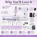 A sewing machine suitable for beginners, with an extension table, comes with an 11-foot presser set, has 12 stitch patterns