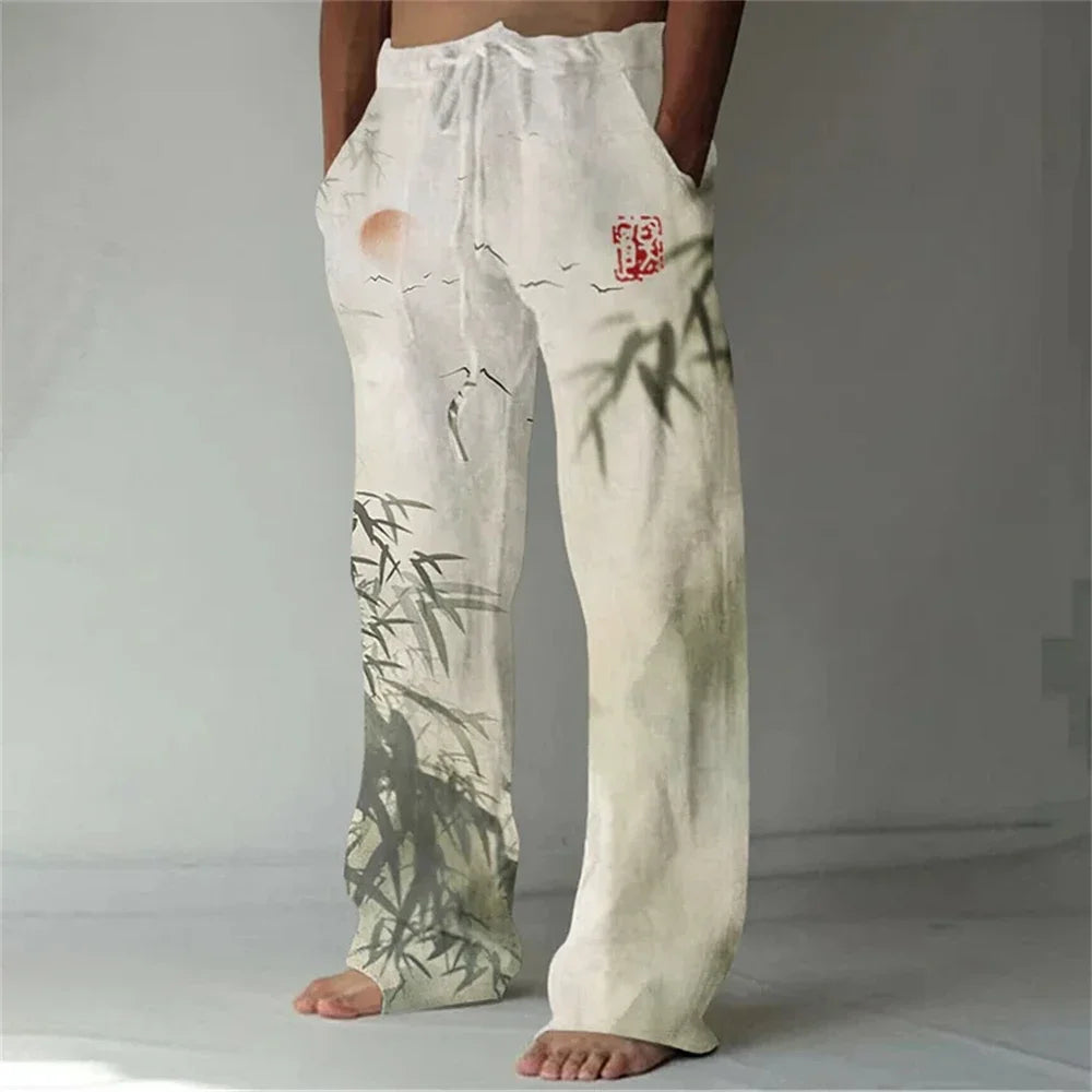Loose And Casual men's New Bamboo Leaf 3D Printed sweatpants, Versatile And Fashionable Pocket Drawstring Sports Pants