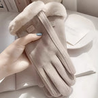 Comfortable beige touchscreen gloves with plush lining - providing thick and warm winter protection for outdoor leisure