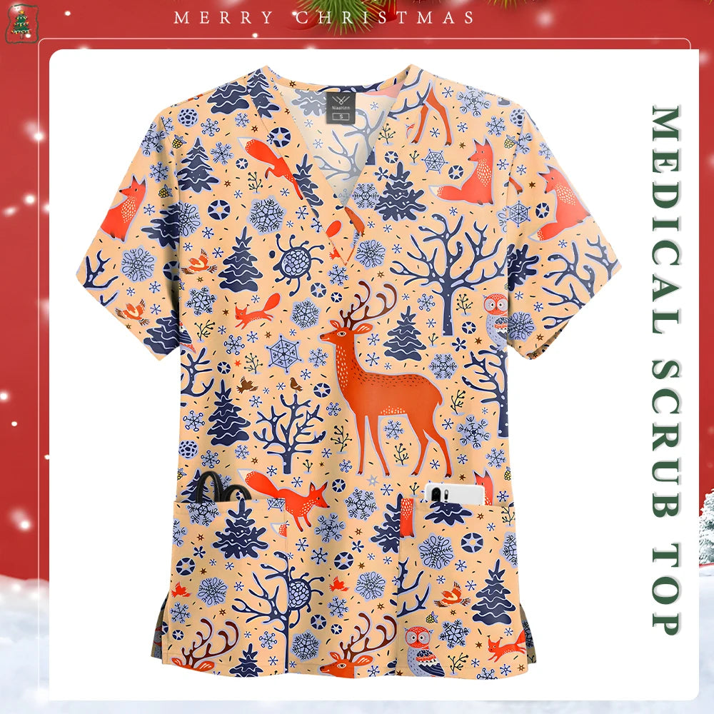 Women Men Christmas Scrubs Top Short Sleeve Pockets Surgery Blouse V-neck Medical Clothes Unisex Spa Dental Vet Surgical Uniform