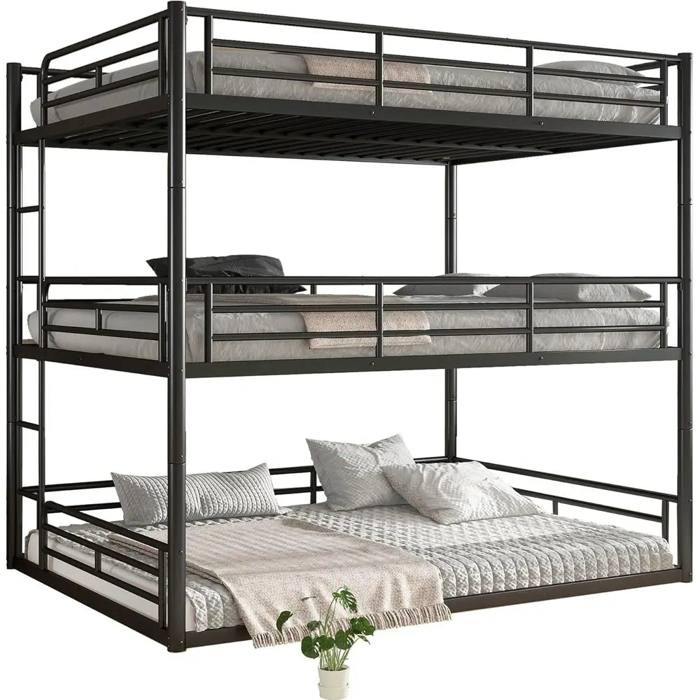 Triple Bunk Beds with Full-Length Guardrails, Queen Over Queen Over Queen, Noise-Reduced, Metal Frame in Black