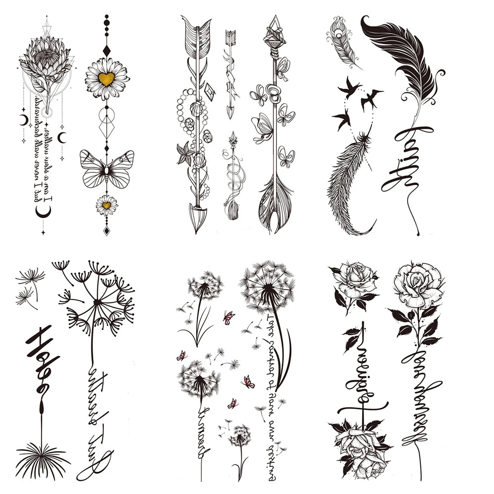 Elegant Floral Temporary Tattoos for Women - 6 Sheets Waterproof Body Art (Rose, Butterfly, Feather Designs) - Back Arm Fake Tat