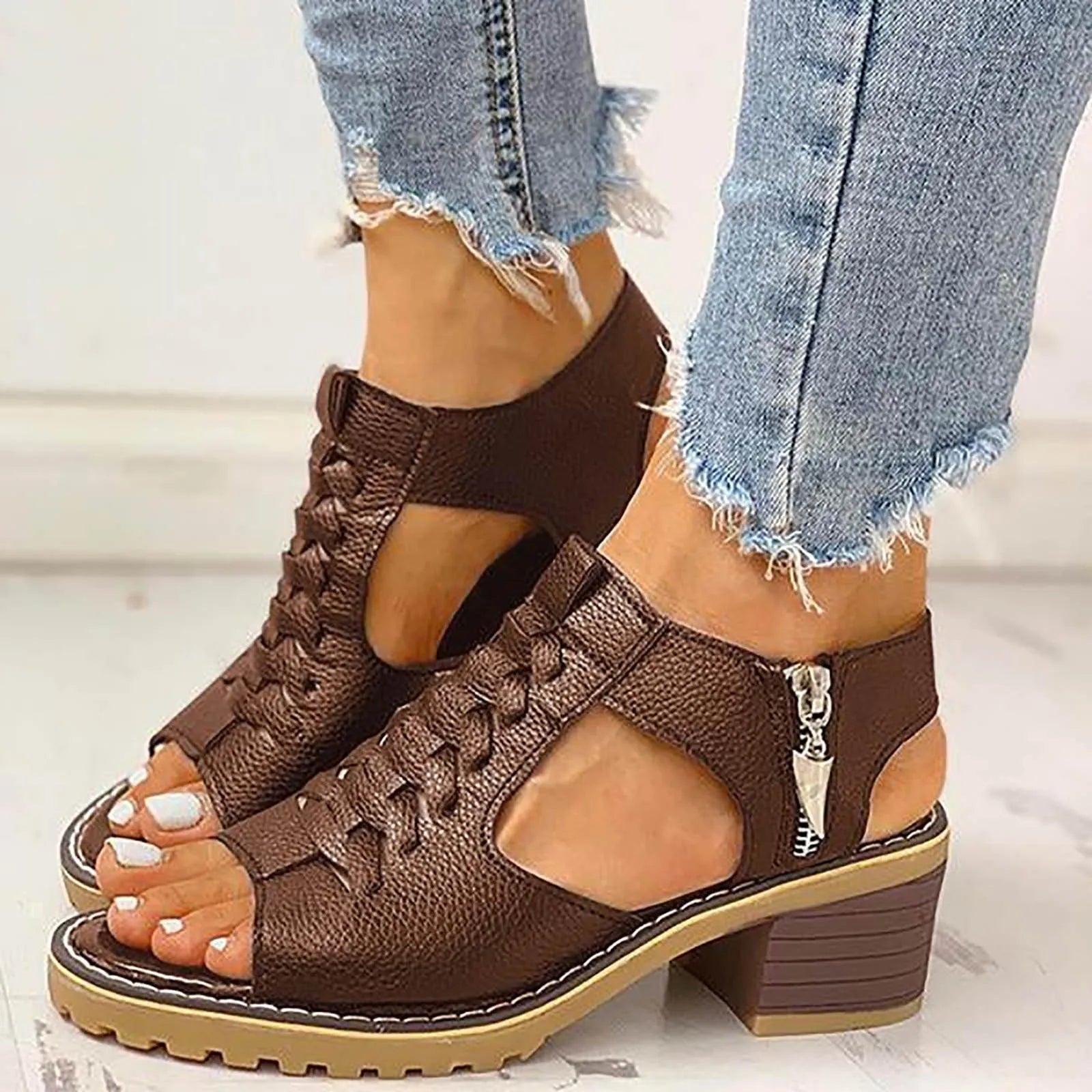 Womens Square Heeled Chunky Sandals Summer Fashion Hollow Out Leather White Sandals Open Toe Breathable Sandals Wedge Shoes