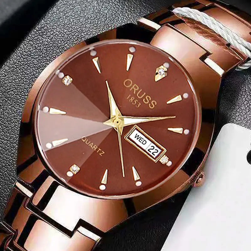 ORUSS Couple Watch Waterproof Casual Fashion Women Men Quartz Watches Ladies Stainless Date Week Men Clock Lover's Date Gift