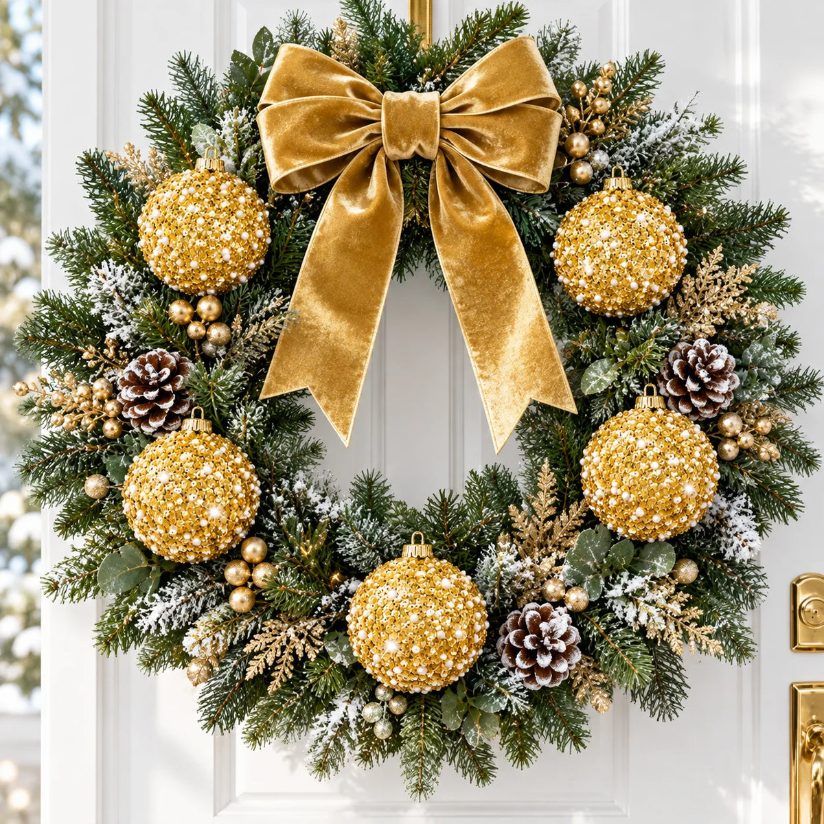 6PCS Gold Christmas Ball Ornaments, Pearl Sequin Baubles 8cm Glitter Hanging Balls Xmas Tree Holiday Decor