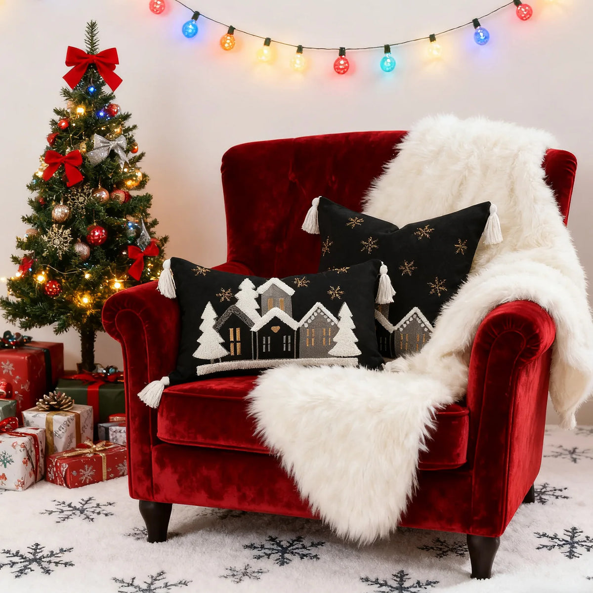 Christmas Cartoon House Embroidered Throw Pillowcase Universal Multi-Size Cushion Cover 30x50cm 45x45cm for Multi-Room Decor