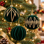 12 Pcs 6cm Emerald Velvet 4 Styles Gold Glitter Christmas Balls Shatterproof Xmas Tree Ornaments for Holiday Party Home Decor