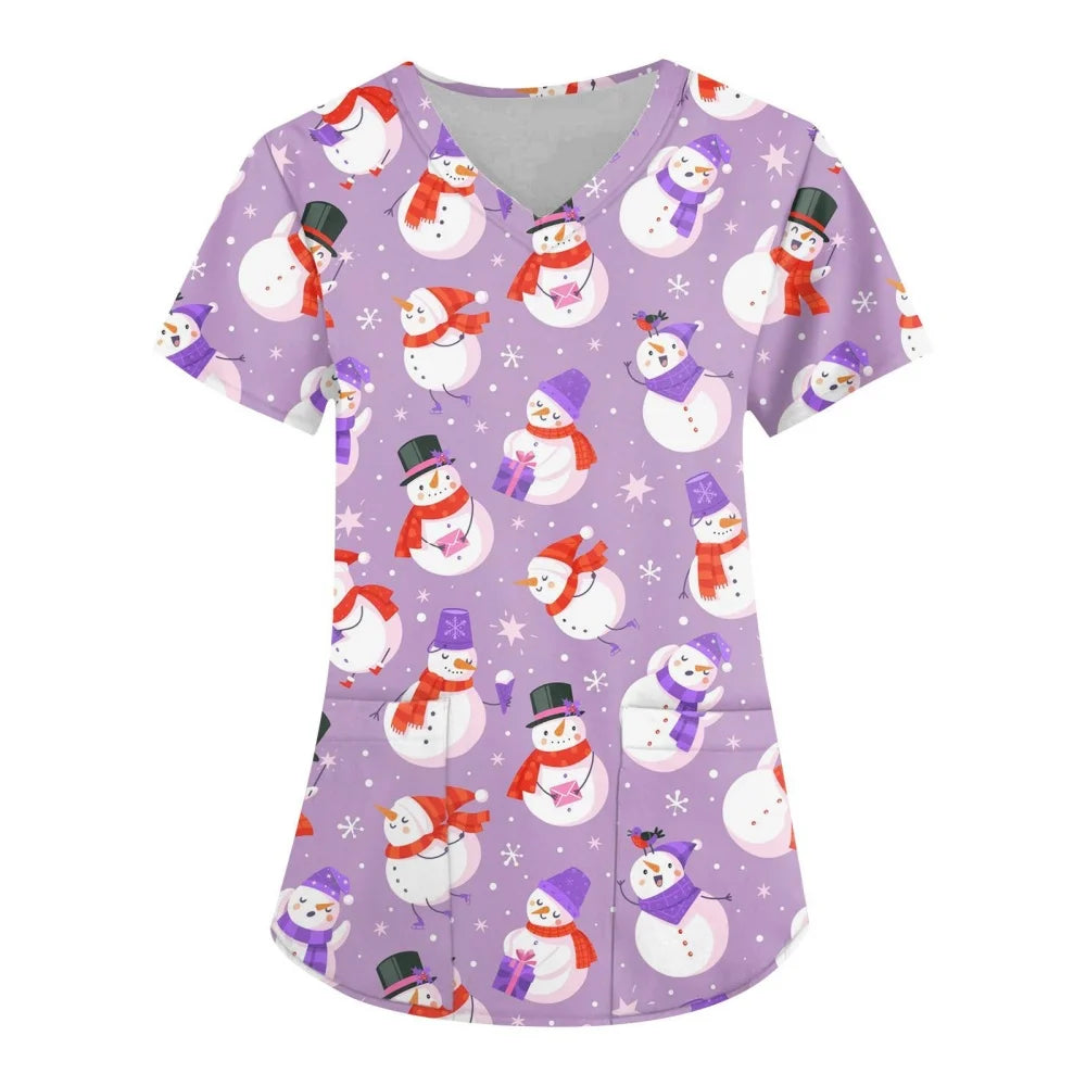 Christmas Scrubs Medical Uniforms Woman Fashion Snowman Print Summer Casual V-Neck Short Sleeve with Pockets Surgical Uniform