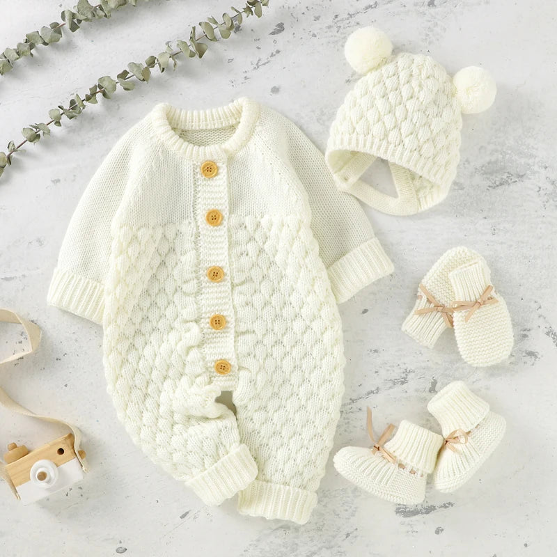 Newborn Baby Romper Shoes Gloves Set Knit Girl Boy Jumpsuit Boot Mitten Solid Toddler Infant Long Sleeve Clothing 4PC Fall 0-18M